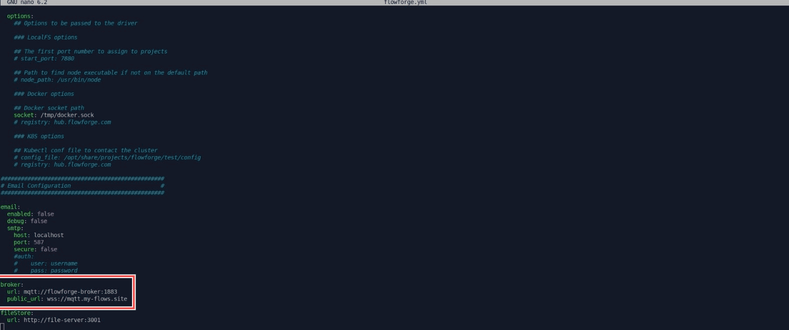 Screenshot of the terminal showing the update made in 'broker's public_url' in the `flowforge.yml` file for SSL configuration "Screenshot of the terminal showing the update made in 'broker's public_url' in the flowforge.yml file for SSL configuration"